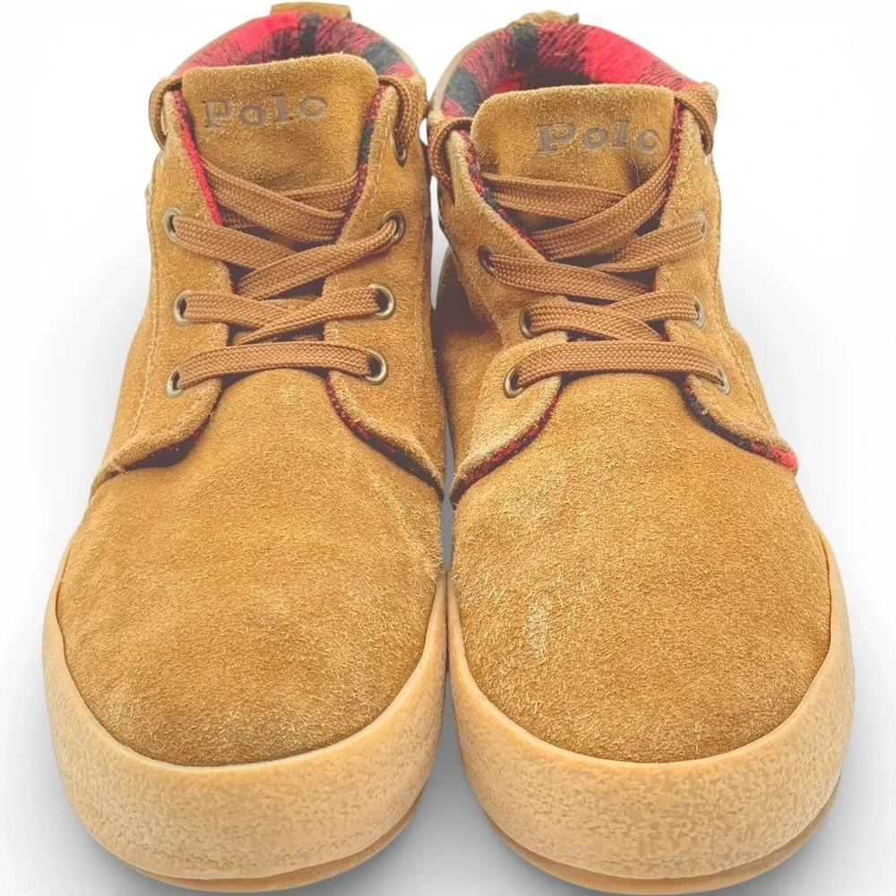 Polo Ralph Lauren Kids Camdyn Suede Chukka Boots Tan Buffalo Check Lined YTH 4.5